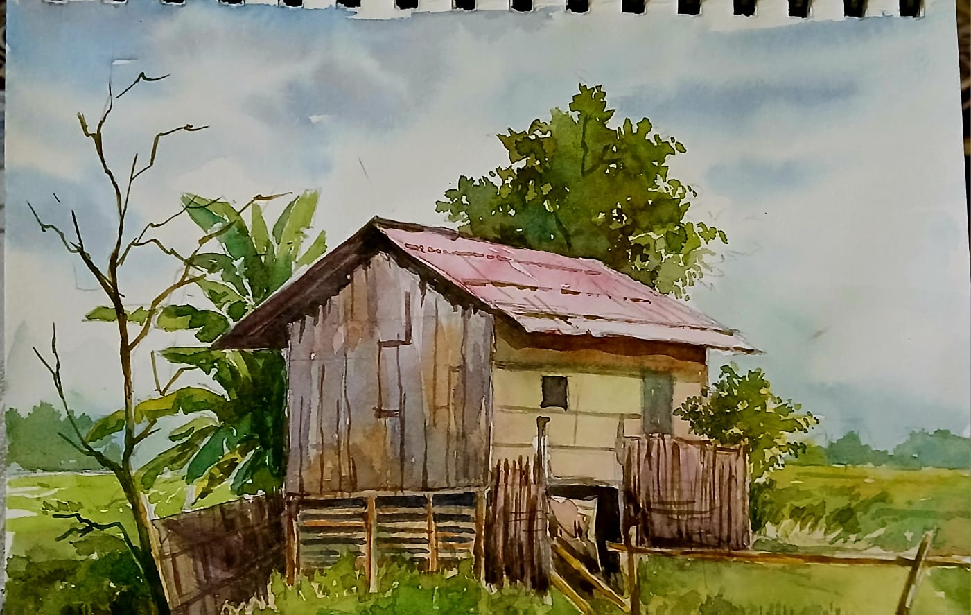 Watercolour painting of an Assamese village house by a student