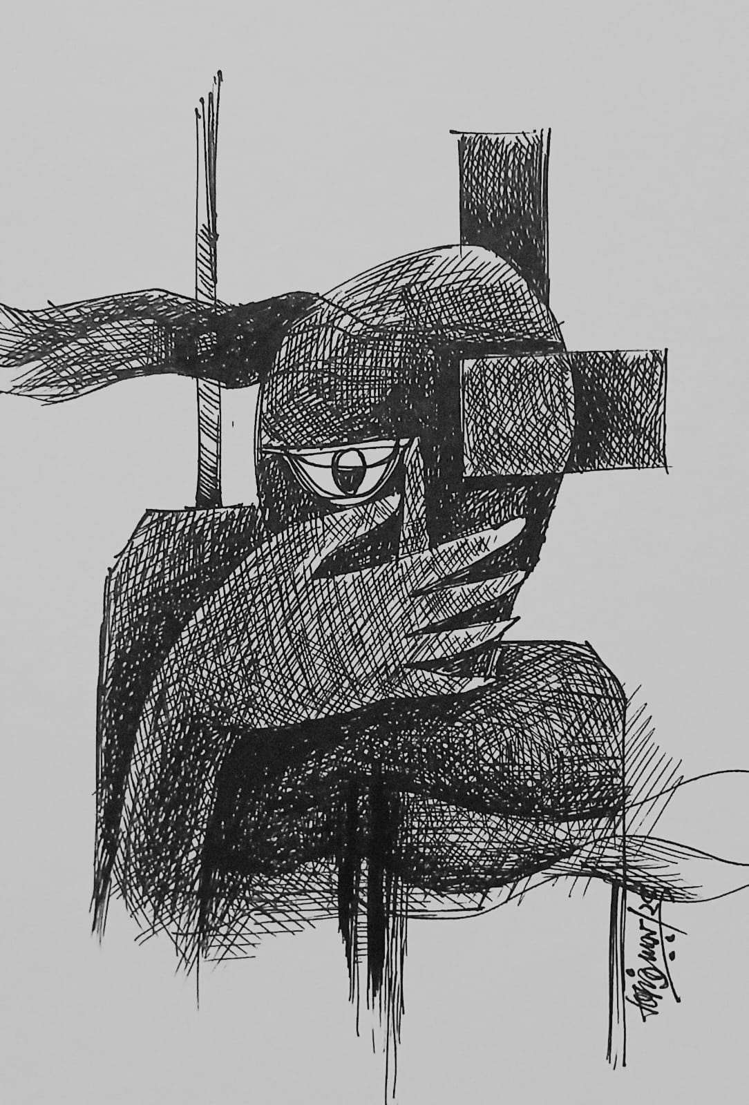 Cross-hatched pen and ink portrait drawn by a student